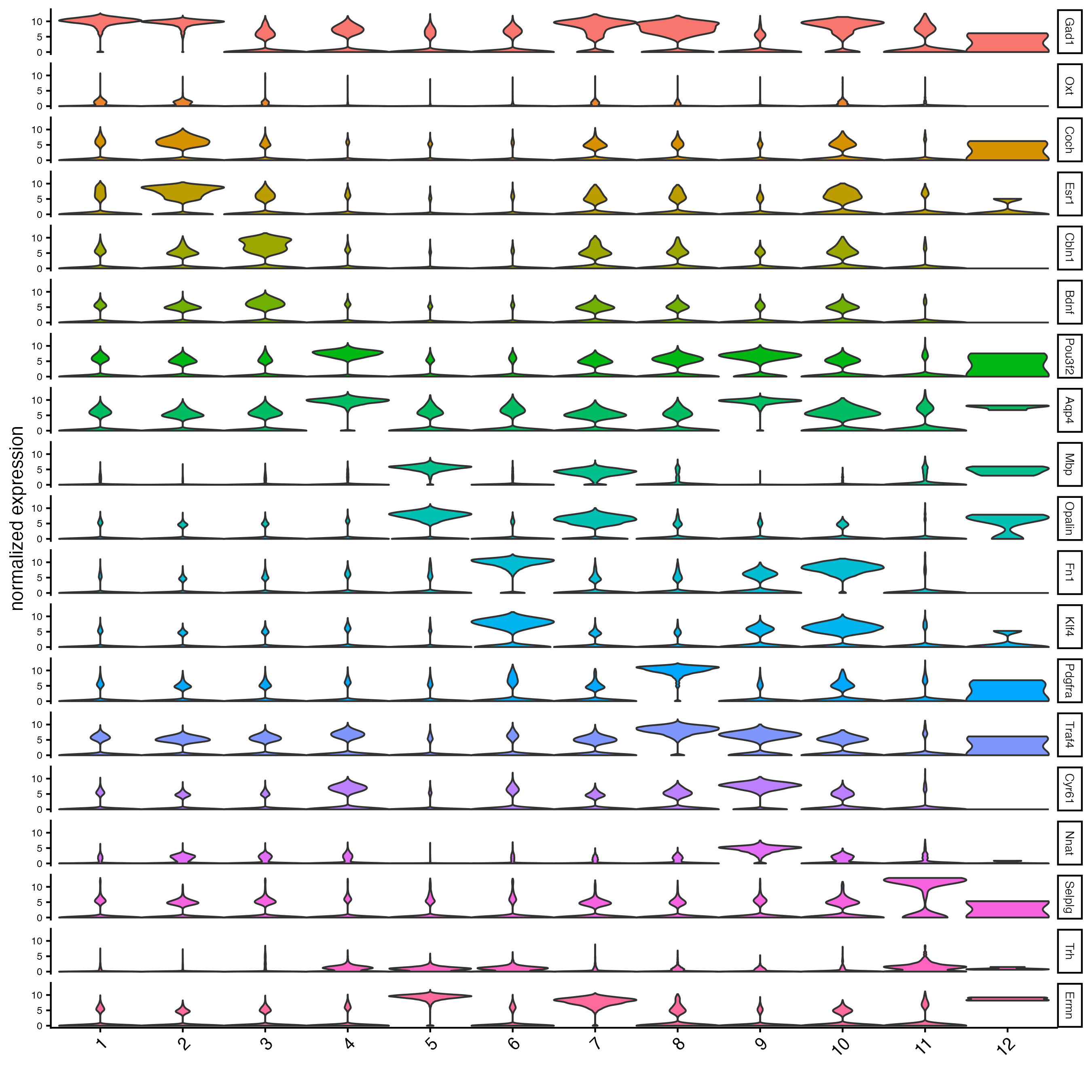 Violing with expression levels of the top 2 gini genes per cluster