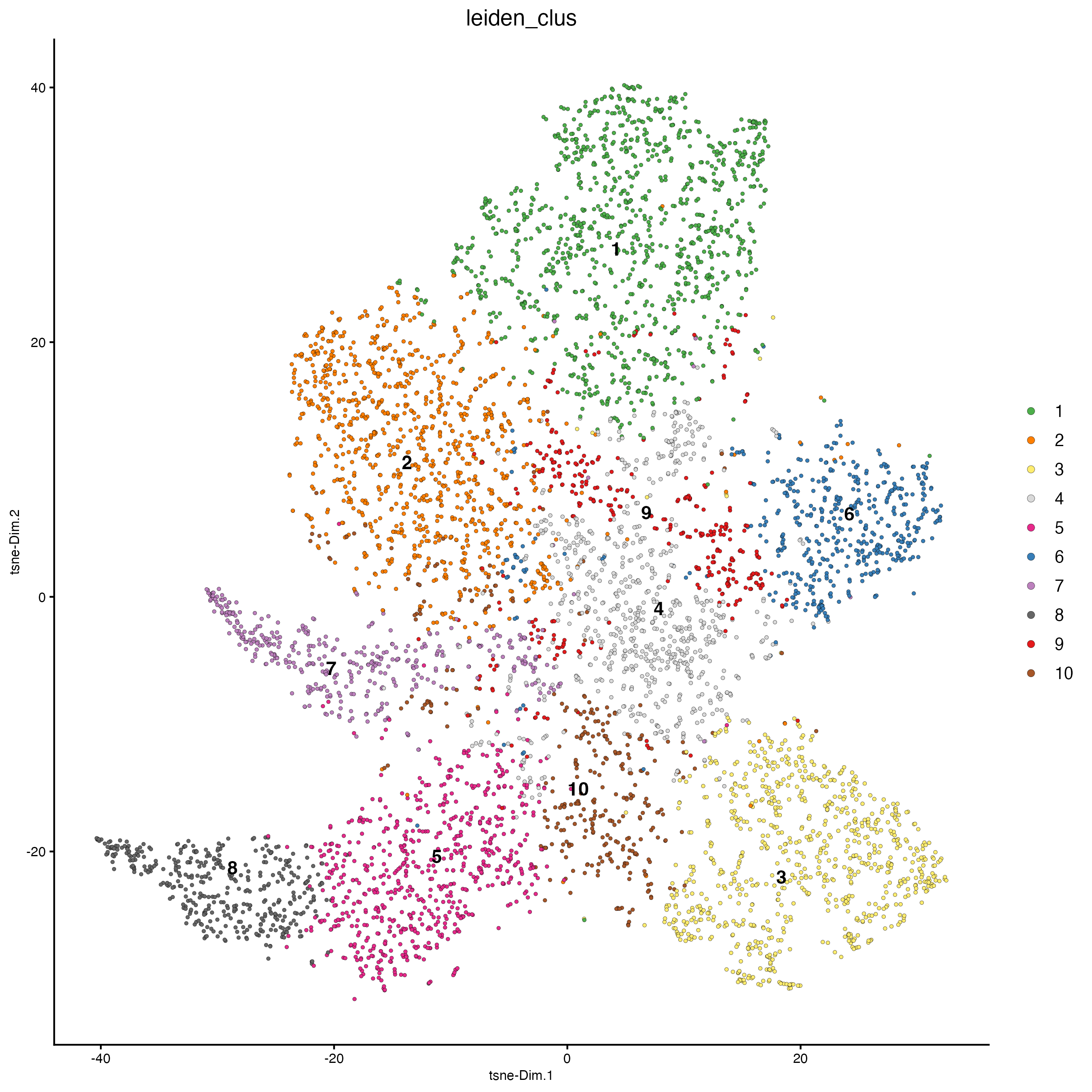 UMAP plot, colors indicate the Leiden clusters.