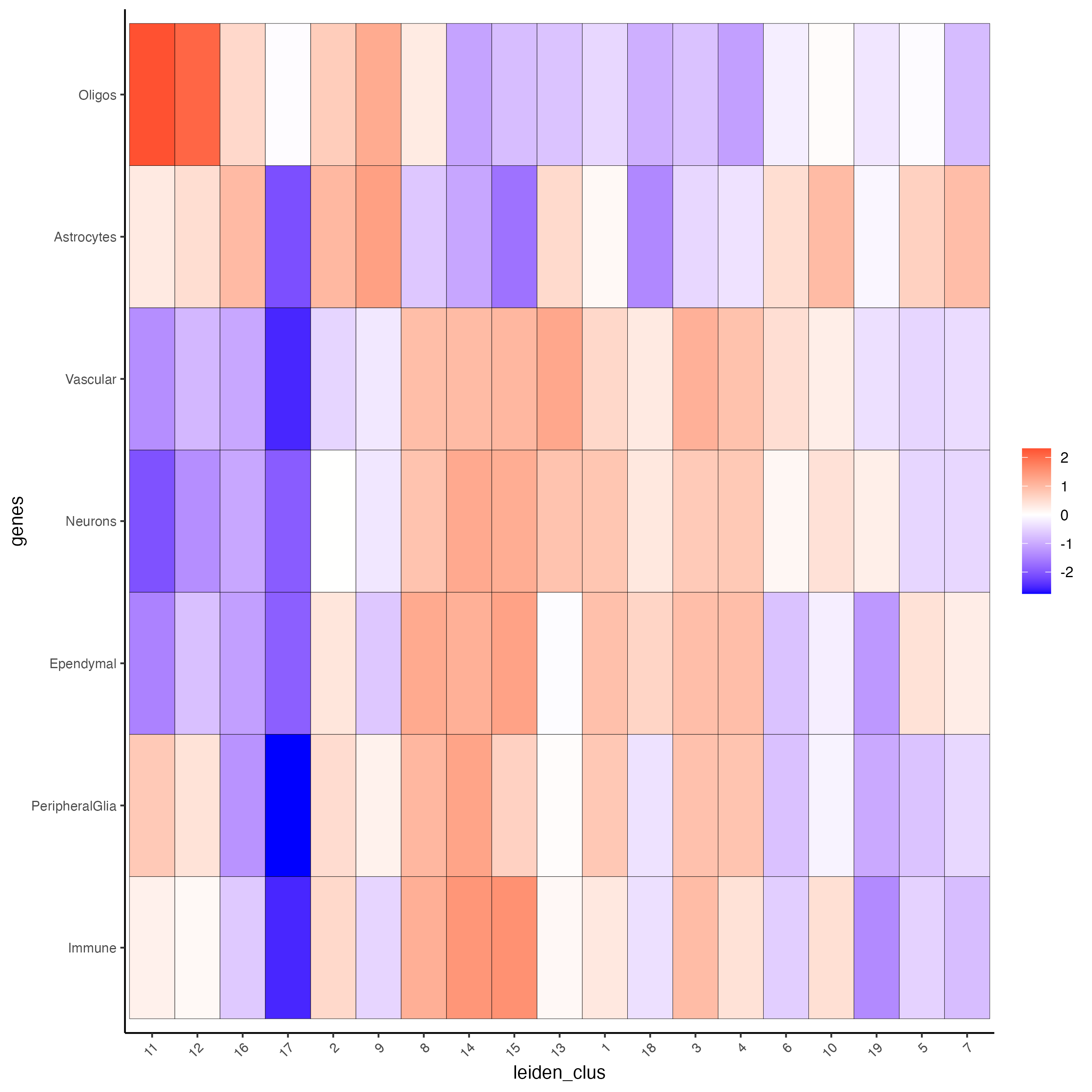 Cell types enrichment per Leiden cluster, identified using the PAGE method.