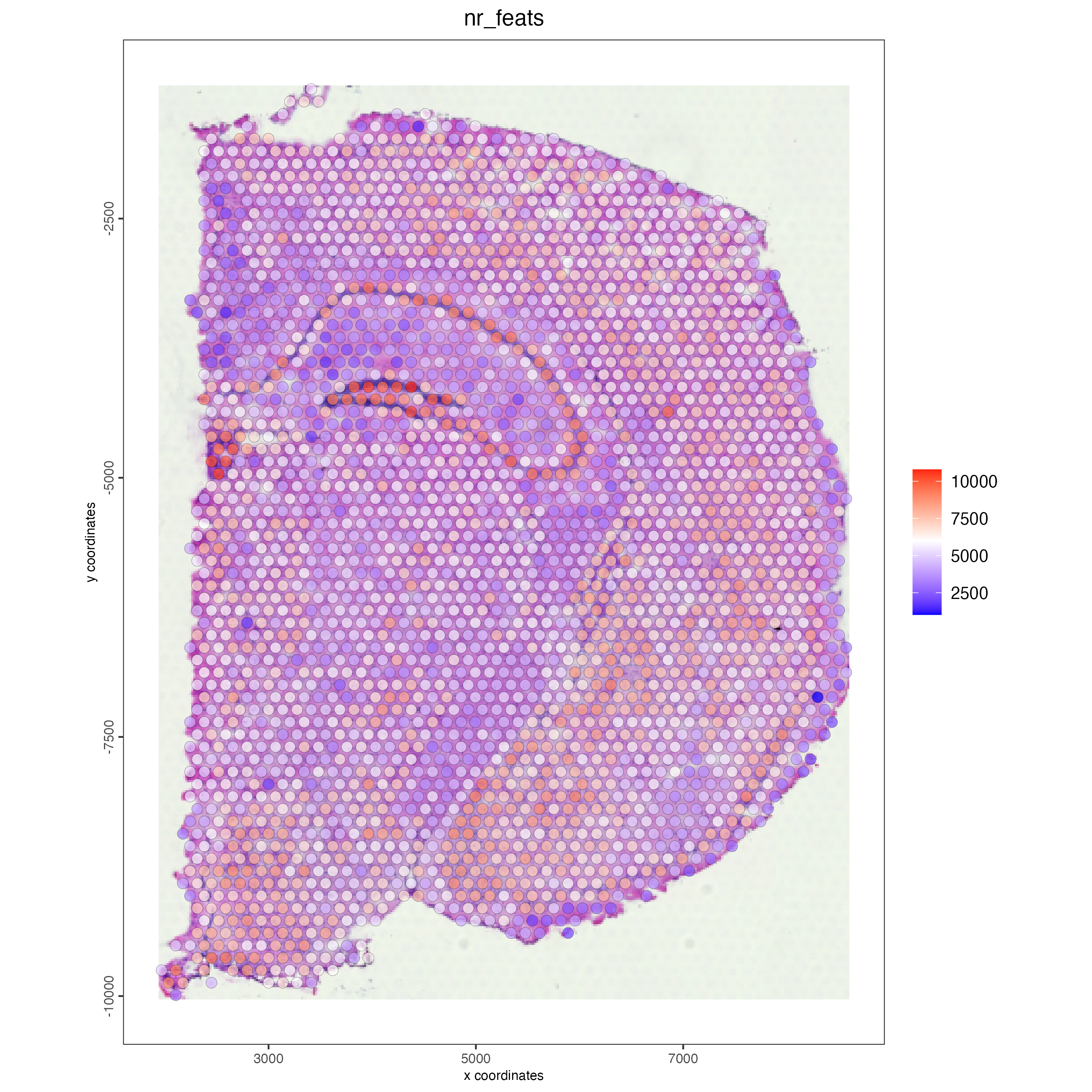 Spatial distribution of the number of features per spot.